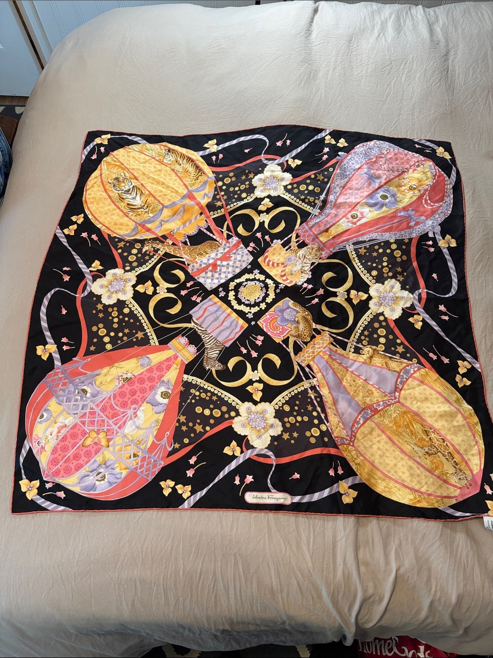 Salvatore Ferragamo Black Silk Scarf with Pink, Gold and Purple Accents